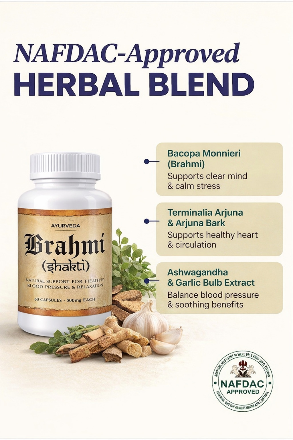Brahmi Shakti ingredients — Brahmi, Ashwagandha, Cinnamon, Garlic, Wild Celery, Punarnava
